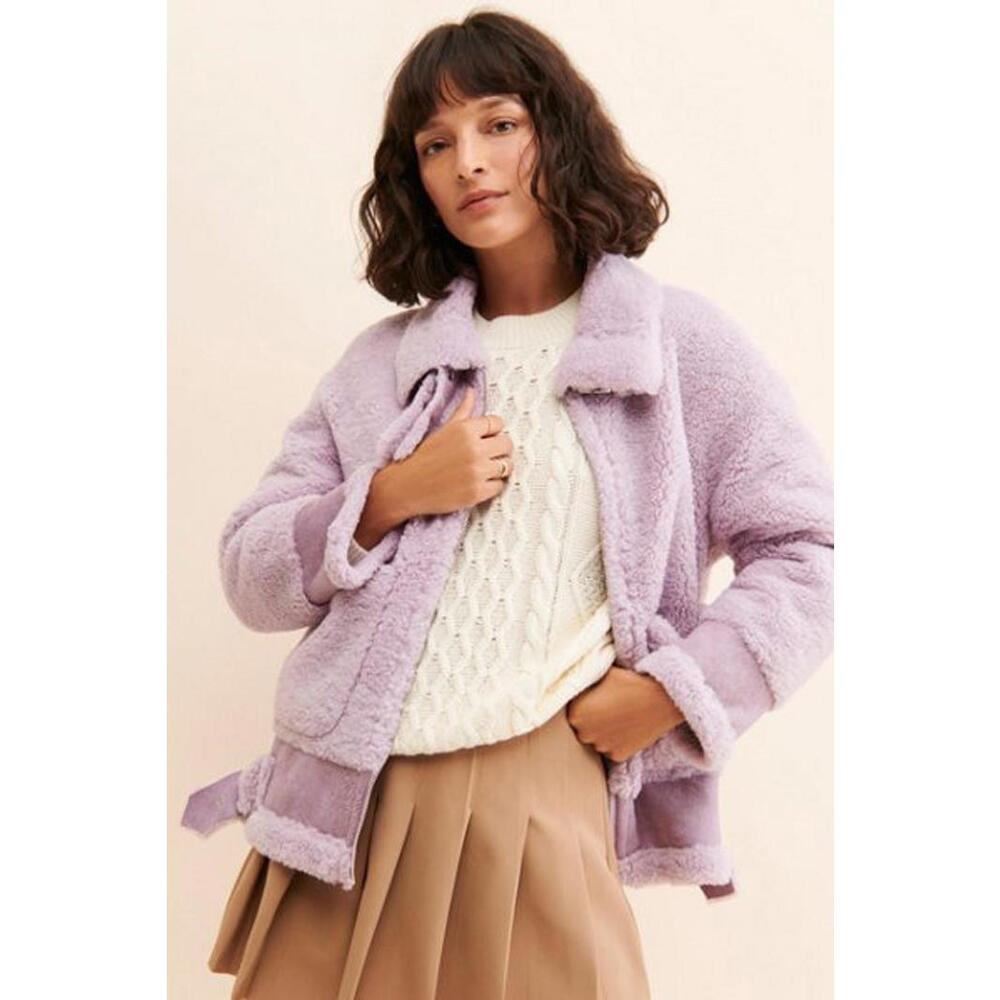 Jules Kae Faux Shearling purple Sherpa Kylie Sherpa Moto jacket Sz XS #1210
